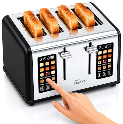 Toastley 4 Slice Smart Toaster with Touchscreen Controls, Dual 4.4 Screens, 6 Browning Levels & 6 Bread Modes, Extra-Wide 120mm Slots, Bagel/Defrost/Reheat, 1760W, Matt Black