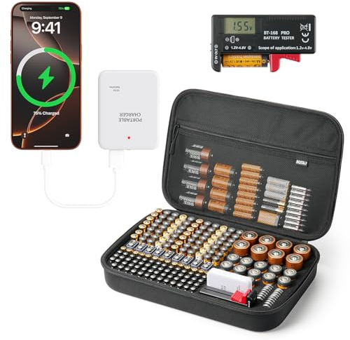 Boîte de rangement pour piles avec batterie externe d'urgence – Convertissez 4 piles AA en chargeur de téléphone avec testeur BT-168 PRO pour AA AAA C D 9 V CR2032 3 V, support de batterie sûr pouvant