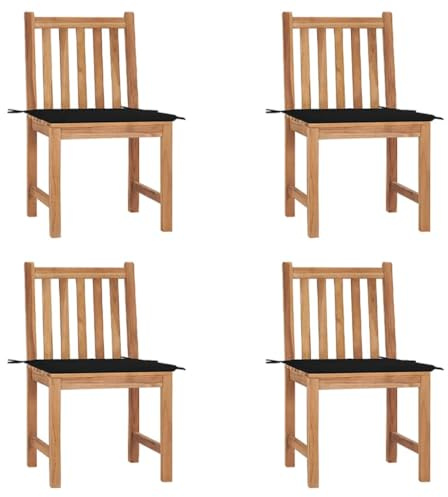 Mokuyary Trädgårdsstolar, set om 4 med kuddar, massivt trä, teak, balkongstol, terrassstolar, matstolar för terrass, trädgård, balkong – D