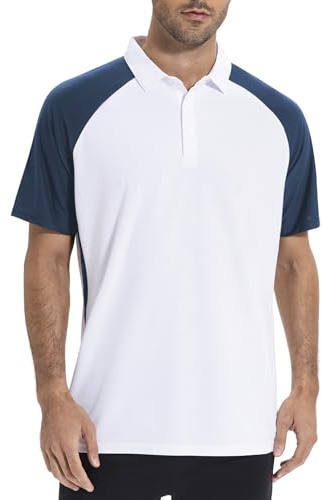 AMZSPORT Polo Uomo Manica Corta Sportiva Golf Tennis T-Shirt Asciugatura Rapida TON Colletto e Bottoni, BluBiancoM
