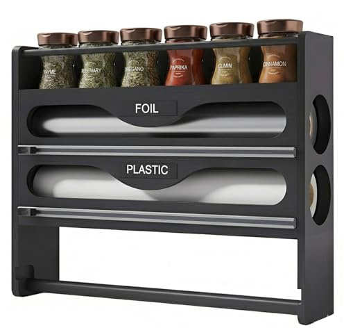NBUABX Folienspender mit Cutter & Küchenrollenhalter & Gewürzregal, Alufolienspender und Frischhalte, Frischhaltefolienspender Küche, Folienschneider Frischhaltefolie Bambus Kompatibel 12 (Schwarz)