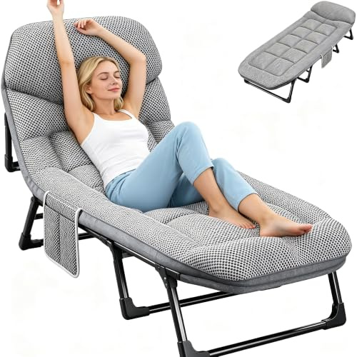 Camping Bed for Adults with Mattress, Single Folding Portable Camping Cot | 6-Position Adjustable Recline, 300Kg Heavy Duty Steel Frame with Side Pocket, Perfect for Guest Office Travel