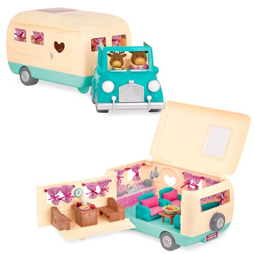Li'l Woodzeez – Happy Camper Blue med avtagbart leksaksfordon – 40 delar dockhuslekset med möbler, leksaksmat och kökstillbehör för barn från 3 år – dockfigurer säljs separat