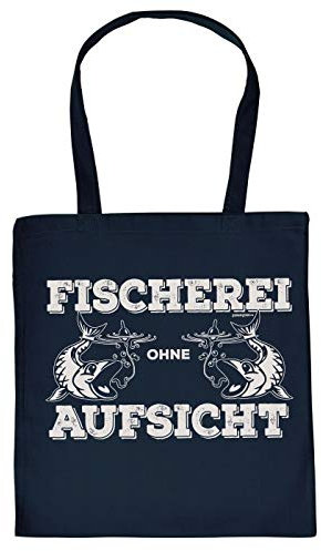 Angler-Sprüche Geschenktasche - Baumwolltasche Angeln Motiv : Fischerei ohne Aufsicht - Einkaufstasche Angelsport Stofftasche - Farbe : Navyblau