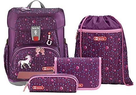 Step by Step Schulranzen-Set Cloud „Dreamy Unicorn Nuala“ 5-teilig, lila, Einhorn-Design, ergonomischer Tornister mit Reflektoren, höhenverstellbar mit Hüftgurt für Mädchen ab der 1. Klasse, 19L