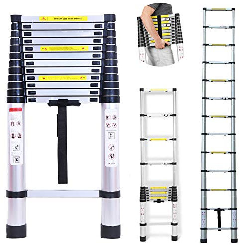 Scala telescopica in alluminio portatile multiuso da 5 m, portata massima 13 gradini per interni ed esterni, colore nero