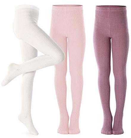 Petrass Girls Tights Toddler Cable Knit Cotton Footed Seamless Dance Ballet Baby Girls' Leggings 3 Pack Pink/Purple/Ivory 5-6Y