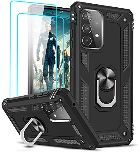 LeYi Cover per Samsung Galaxy A52s 5G/A52 4G&5G con [2 vetro temperato], 360° supporto girevole militare anti-caduta rinforzato, antiurto TPU morbida e PC rigido, protezione custodia nera