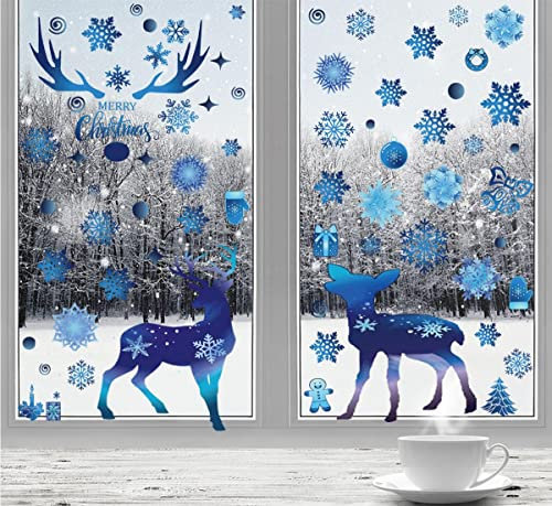 Weihnachten Fenstersticker Weihnachten Selbstklebend Fensterbilder Weihnachten Fensteraufkleber PVC Für Türen Schaufenster Vitrinen Winter Deko Weihnachtsdeko Fensterdeko Blauer Elch