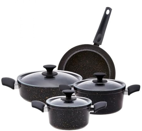 Karaca 7-Piece BlackGold Cookware Set - Non-Stick Pots and Pans Set, 3 Biogranite Pots with 3 Glass Lids & 1 Granite Frying Pan, PFOA Free, Dishwasher-Safe