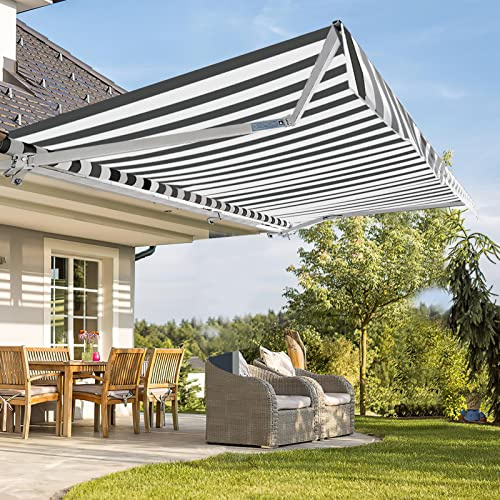 Fiqops Markise manuelle Gelenkarmmarkise 350x300cm Sonnenmarkise Sonnenschutz mit Kurbel, Anti-UV und wasserfest, Alu/Polyester für Balkon, Terrasse, Garten, Weiß Grau Gestreift