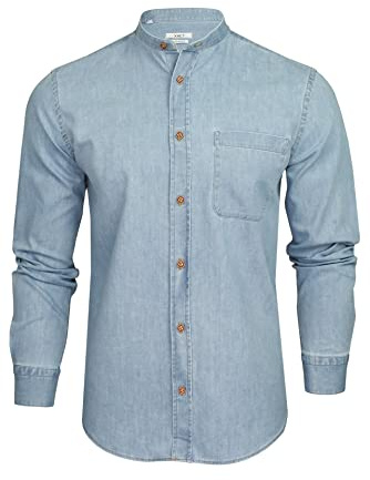 Xact Camicia 6.6 Oz Denim da Uomo con Collo alla Coreana/Grandad, a Maniche Lunghe, vestibilità Regolare (Light Blue Denim) XXXL