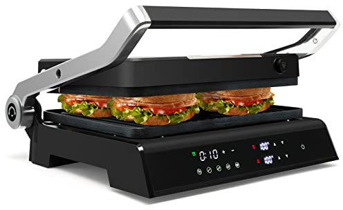 GOPLUS Grill à Panini, Machine à Sandwich 1200W Plaques Double Face Antiadhésives, Température Contrôle Indépendant Bac d'Égouttement Amovible, s'Ouvre à 180 Degrés pour Toutes les Tailles d'Aliments