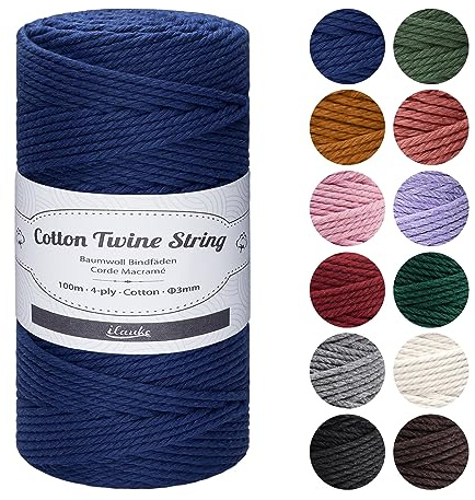 ilauke Macrame Cord 3mm x 100m, 4 Strand Twisted Soft Macrame Yarn, DIY Craft Cotton Cord for Wall Hanging, Plant Hangers, Crafts, Knitting, Decorative Projects