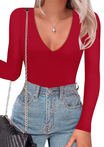 SAUNGKUAI Langärmeliger Damen-Bodysuit: sexy tiefer V-Ausschnitt, doppelt gefütterter Tanga-Body zum Ausgehen, Rot/Ausflug, einfarbig (Getaway Solids), S