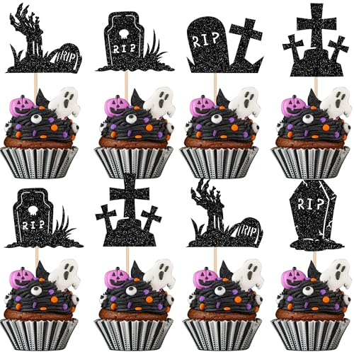 Xsstarmi 30 Pack Tombstone Cupcake Toppers Glitter Horror Graveyard Cross Cupcake Picks Zombie Hand Cupcake Decorations for Halloween Theme Birthday Party Cake Decorations Supplies