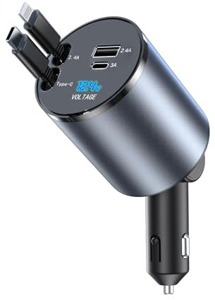 AmazeFan Einziehbares Auto Ladegerät 60W Handy Schnellladegerät,12V USB zigarettenanzünder Adapter mit Lightning und Typ-C Kabel, Kfz Ladegerät USB C Kompatibel mit iPhone/Galaxy/Pixel/Googl-Runden