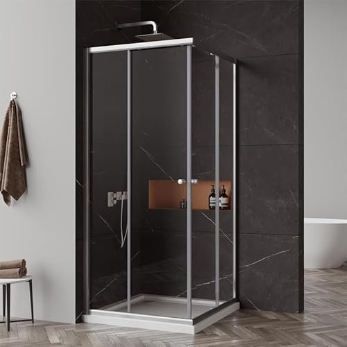 Goezes Eckeinstieg Duschkabine 75x80x185cm Glas Schiebetür Dusche, Duschschiebetür Duschabtrennung Schiebetüren Duschwand mit 6mm ESG Sicherheitsglas, Silber Eckdusche Duschtür