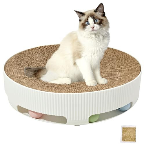 Katzenkratzer, Oval Katze Kratzbrett Pappe, Kätzchen Interaktives Spielzeug mit Kugelbahn Federball, Katzenbett für Indoor Katzen Schleifen Kralle Spaß Mental Physische Übung