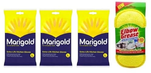 Money-Mate MM Marigold Extra-Life Large Gloves Pack of 3 + Free Elbow Grease Scrubbing Pad - Durable Kitchen Cleaning Solution
