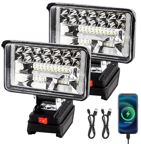 2 Piezas Lampada da Lavoro LED Ricaricabile 18V/21V, Faro LED Ricaricabile, 30W Lampada Portatile LED Ricaricabile con Ricarica di Tipo C e USB, Ideale per Emergenza, Campeggio, Riparazione