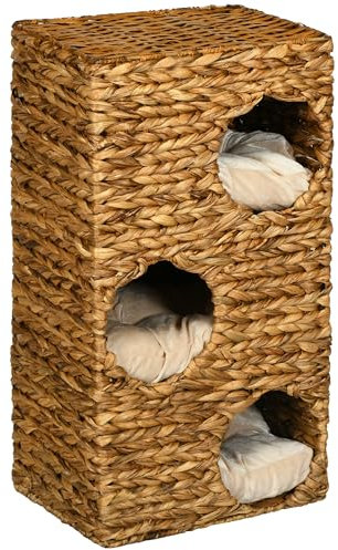 PawHut Kratztonne, 76 cm Hoch Katzentonne mit 3 Höhle, Waschbaren Kissen, Kratzbaum, Katzenturm aus Wasserhyazinthe, Hellbraun