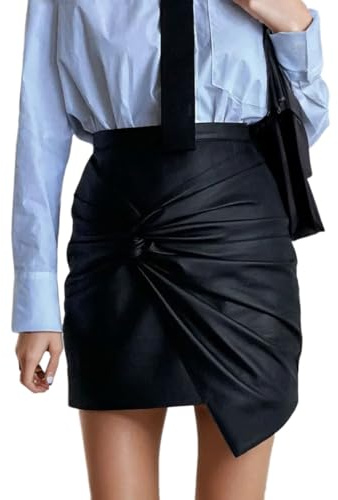 EMOTTOS Donne Gonna Pelle Corta, Avvolgere L'anca Contorto Rughe Gonna a Matita Stretto a Vita Alta, Linea A Casual Zip Ecopelle PU Minigonna Donna, S, Nero