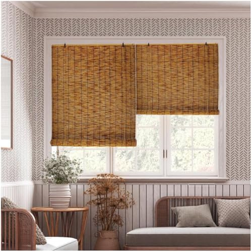 Bamboo Blinds for Interior Windows, Cordless Blackout Roller Shade Privacy Partition Natural Roll-up Reed Shades Retro Outdoor Bamboo Curtain 20 34 38 42 48 50 52 58 60 66 68 70 72 76in(62in x 64in(W