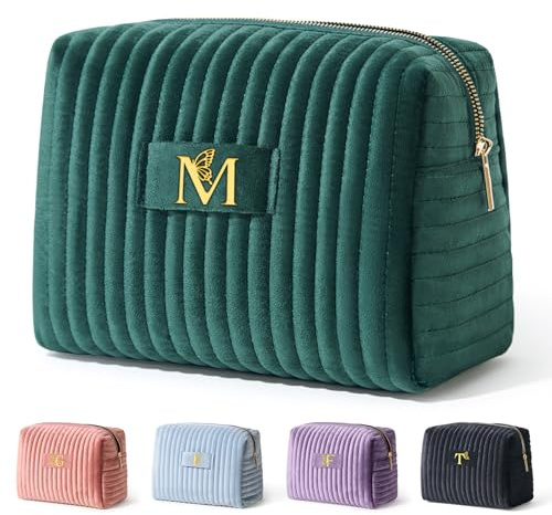 COSHAYSOO Personalized Mothers Day Gifts for Women Initial Make Up Bags Monogrammed 30th 40th Birthday Gift Unique for Her Mom Friend Nurse, Green Velvet Makeup Bag Travel Cosmetic Pouch Letter M