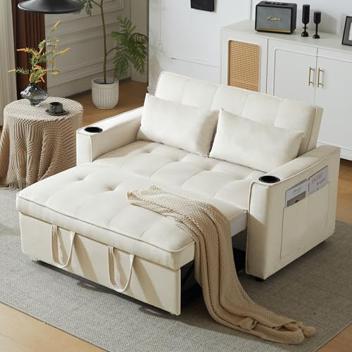 Laxnb 2 Sitzer Sofa mit Schlaffunktion, Klappbares Schlafsofa, Doppelsofa Kleine Couch Sofa, Polstersofa mit verstellbare Rückenlehne & Getränkehalter, Multifunktionssofa für Wohnzimmer, Velvet Beige