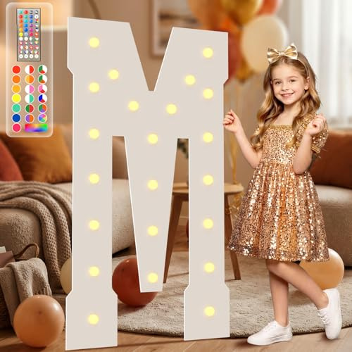 4FT Marquee Light Up Letters, 34 Colors Changing Marquee Letters M with Remote,Weighted Water Bag, Pre-Cut Foam Board Set Can Be Used for Birthday Party Grad Prom Party Decoration Wedding Event Baby