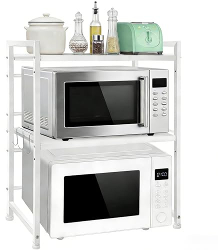 FREEAMG 3-Tier Expandable Microwave Oven Rack - Height Adjustable Microwave Oven & Air Fryer Rack with Hooks & Non-Slip Pads, Carbon Steel Organiser for Pots, Pans & Spices Storage, White