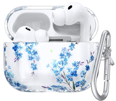 VISOOM Kompatibel mit Airpods Pro 3 Hülle, TPU Blau Blumen Airpods Pro 3 Case 2025 Weiches Stoßfest Niedlich Transparent Schutzhülle mit Karabiner, Unterstützung drahtloses Aufladen(Blue Flower)