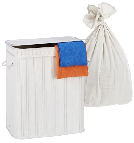 Relaxdays Tvättkorg med lock, 3 fack, bambu, 105 l, vikbar, H x B x D: 63 x 52 x 32 cm, tvättsorteringssystem, vit