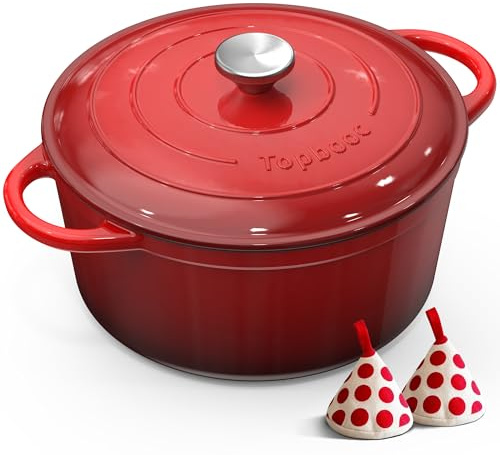 Gusseisen Topf Brotbackform, 26cm 5L Topbooc Dutch Oven Brot Backen, Rot | Backofen, Gasherd, Induktionsherd, Emaille Schmortopf Gusseisenpfanne mit Deckel, Gusseisentopf Bräter Brotbacktopf