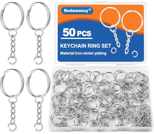 Redamancy 100 Pcs Anneaux Porte Clé, Kit Porte Clé, (50 Pièces Anneaux de Saut Ouverts+50 Pièces Porte Clef), Anneau Porte Clé Avec Chainette, pour Porte Clés et Loisirs Créatifs, Bricolage Bijoux