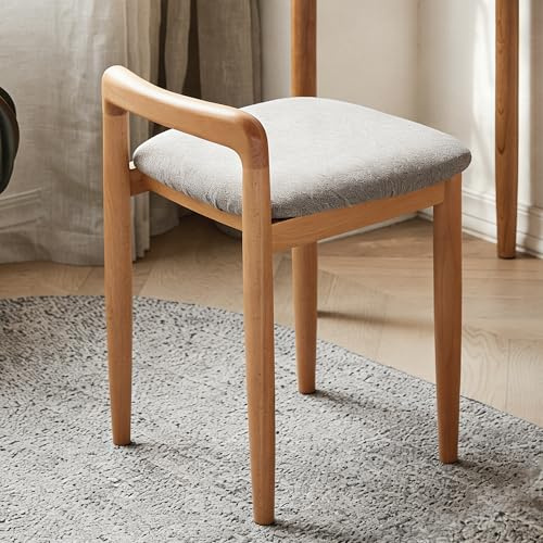 QKFF Natural Beechwood Makeup Stool with Soft Padded Seat, Upholstered Vanity Chair, Solid Wood Bedroom Stool for Dressing Table, Comfortable Makeup Chair for Living Room, Dining Room (1)