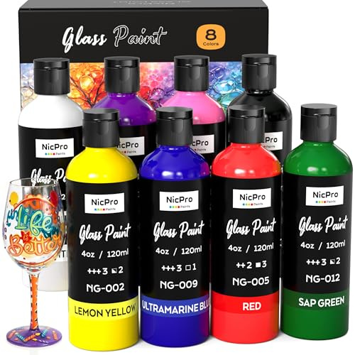 Nicpro Acrylfarben Set für Glasmalerei, 8 Farben×120 ml Glasfarbe, Glasmalfarbe Spülmaschinenfest und Keramik Malset, Wasserfestes, Farbe für Glas, Weingläsern, Gläser, Fenstern, Porzellanfarbe