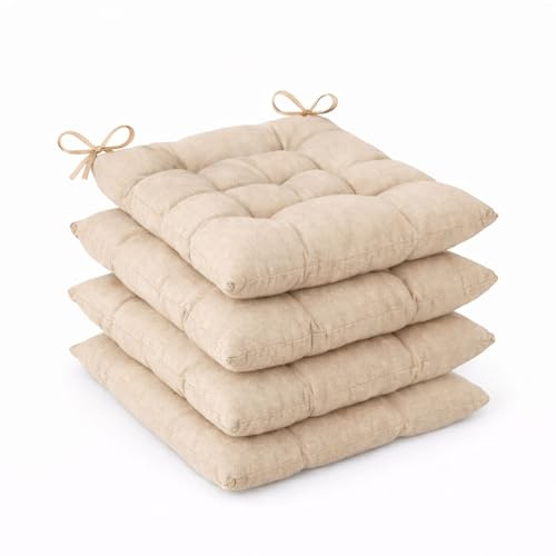 Meteorwi Home – Pack de 4 Cojines para Silla – 40 x 40 x 5 cm, con Cintas de Sujeción y Relleno Firme, Uso Interior y Exterior. (Beige, Pack 4-40x40x5cm)
