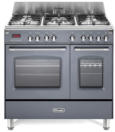 De'Longhi MEM 965T GX ED Cuisinière à gaz, 90 cm, double four électrique multifonction, 5 feux, design vintage, couleur gris ardoise, classe énergétique A