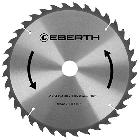 EBERTH Kreissägeblatt Sägeblatt Kreissäge Blatt aus Stahl mit Hartmetall-Zähnen für Holz-Schnitte (254mm Durchmesser, 30mm Bohrung, 1.8mm Blättstärke, 2.8mm Schnittbreite, 36 Zähne, RPM Max. 7000)