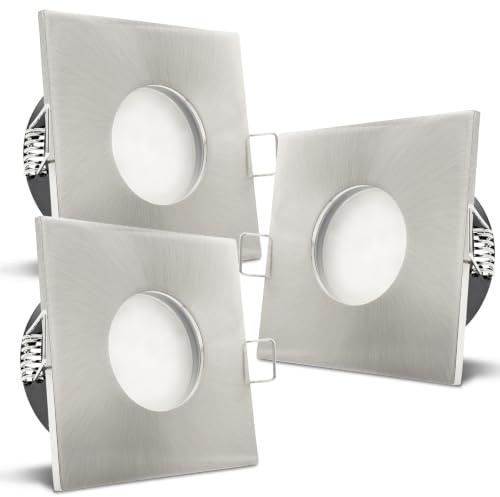 trendlights24 V2 IP65 LED Bad Einbaustrahler flach 5W dimmbar 230V 3er Set | Edelstahl Optik, eckig, Einbautiefe 35 mm, Warmweiß, 3000k, 110°, Decken Einbauspots, Feuchtraum, außen, LED austauschbar
