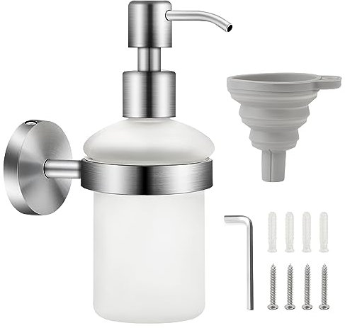 EXLECO Seifenspender Glas 200ml Shampoo Duschgel Flasche Wandmontage Shampoo Spender Händedesinfektionsbox Manueller Gebürstet Seifenschale Satinierte Glasflasche mit Abnehmbare Halterung & Trichter