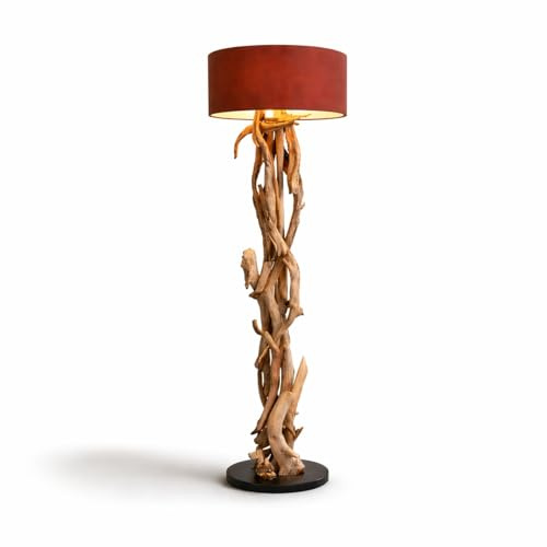 Möbel Bressmer BLUMA Stehlampe Teakholz - 100% Handarbeit aus nachhaltigem Holz - Sockel 30cm Höhe 180cm - Treibholz Lampe Wohnzimmer inkl. Lampenschirm Hell-Braun