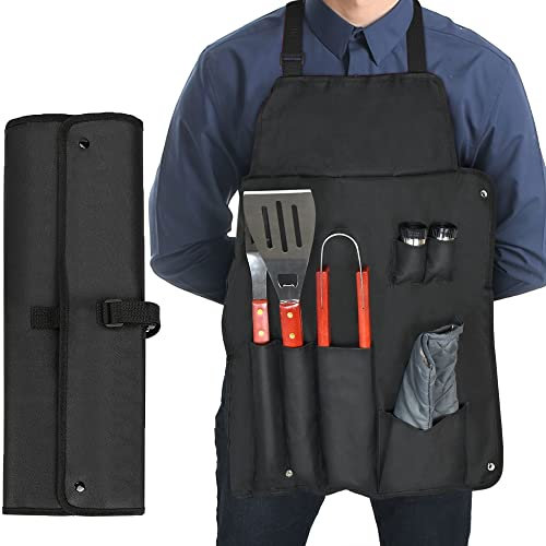 Albert Austin BBQ Apron with Tool Kit BBQ Accessories Cooking Apron Grill Oven Gloves Tongs Fork Salt Pepper Shaker Spatula Barbecue Tools 7Pc Set Camping Cooking Utensils for Picnics Home Kitchen