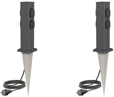 ledscom.de 2 Stück Garten-Steckdosen-Säule Polly mit Erdspieß und 2m Kabel für außen, IP44, 4-Fach, anthrazit, eckig, 40cm