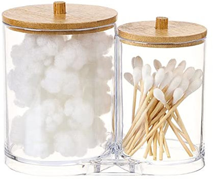 TTBDDM 2 en 1 Dispensador de Algodón, Almacenamiento Almohadillas, Organizador de Hisopos de Algodón Transparente, con 2 Tapas de Madera