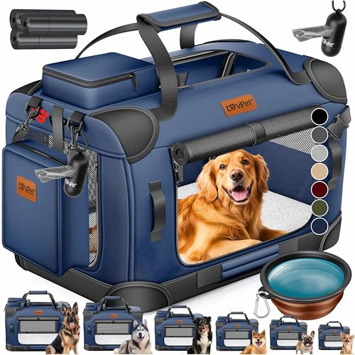 LOVPET® Transportbox Hund Katze Transporttasche L 70x52x52cm | Hunde-Tragetasche Faltbare Katzentasche | Haustier-Transportbox inkl. Hundenapf & Schultergurt | für Katzen & Hunde Navyblau