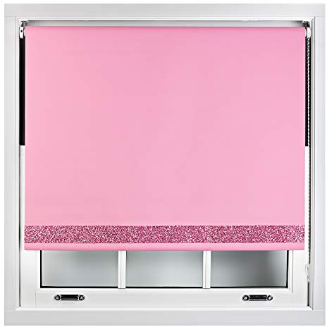 FURNISHED Blackout Roller Blinds With Glitter Edge - Trimmable Thermal UV Protection Fabric Easy Fit Sparkle Glitter Blind for Windows, Pink 110W x 165H cm