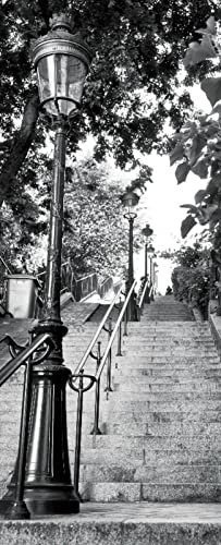 A.Monamour Sticker Porte Autocollant Poster De Porte 3D Un Long Escalier Avec Un Vieux Réverbère À Paris Noir Et Blanc Vinyle Affiche De Porte Sticker Mural Papier Peint Art Décor 77x200cm